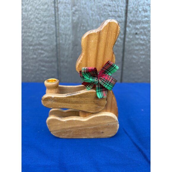 Vintage Wooden Teddy Bear Candle Holder With Plaid Bow Decoration - Picture 1 of 6